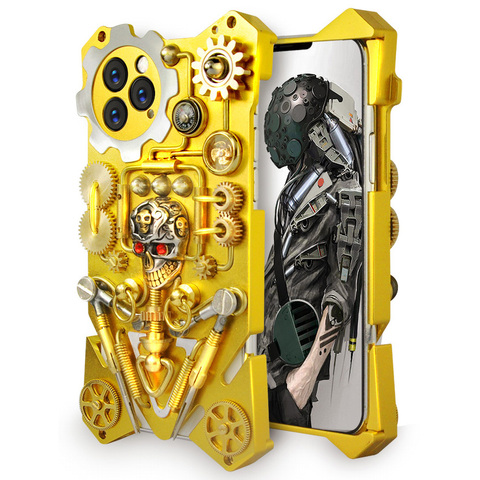 Funda de teléfono de cobre puro de aluminio y Metal, armadura de lujo para iPhone 11 PRO MAX, engranaje mecánico, carcasa de teléfono totalmente hecha a mano con calavera ► Foto 1/5