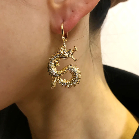 Pendientes de gota de dragón Vintage plano para mujer joyería de personalidad oro plata brillante pendientes llamativos de cristal regalos de moda ► Foto 1/5