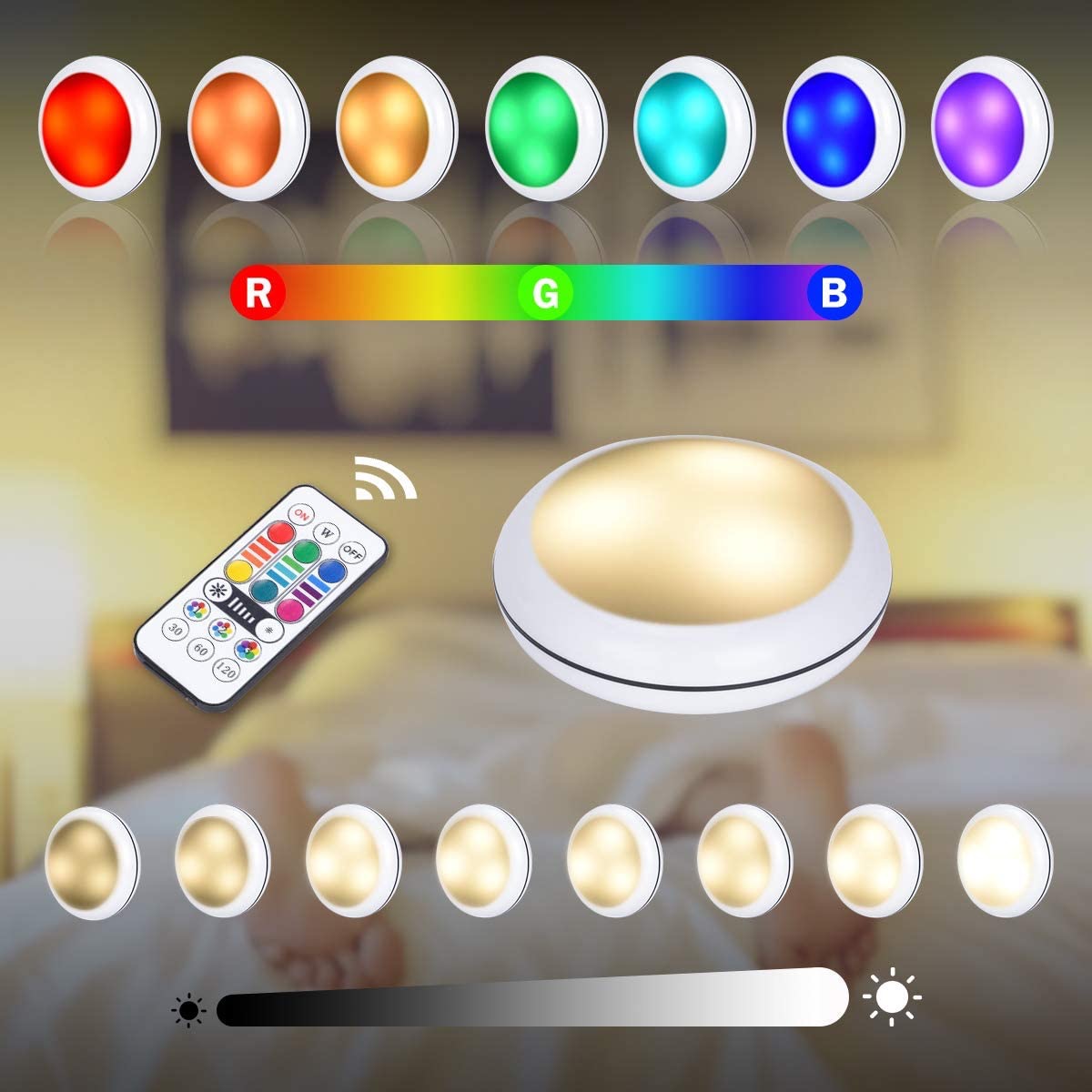 Puck-luz LED para armario RGB con carga USB, 16 colores, regulable debajo de estante, iluminación de cocina, mando a distancia, lámpara de noche ► Foto 1/6