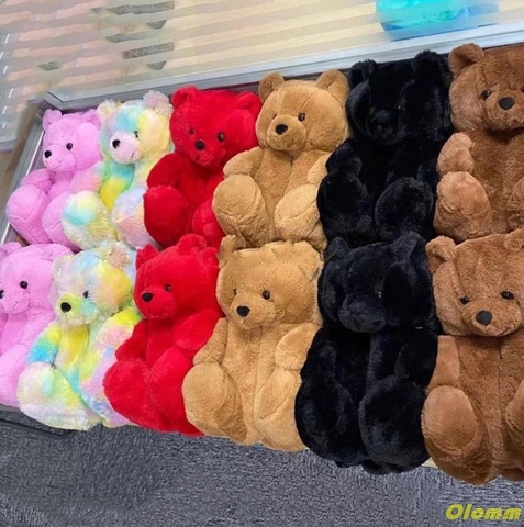 Oso de peluche de dibujos animados para mujer, Zapatillas de felpa de Navidad, Casa, pantuflas peludas de piel sintética, chanclas ► Foto 1/6