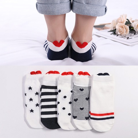 5 pares de calcetines de las mujeres rojo corazón lindo viento colegio básico Simple mujer de la Navidad, Ginebra, chocolate, vino, si puede leer esto traer vino de cálido algodón Harajuku Primavera Verano medias Calcetines ► Foto 1/6