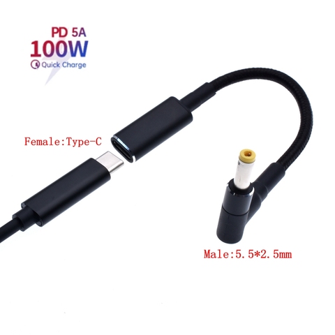 Cable de alimentación de carga rápida para ordenador portátil, enchufe USB tipo C hembra a DC5.5 * 2,5 MM, USB-C a DC5525 ,100W,5A ► Foto 1/6