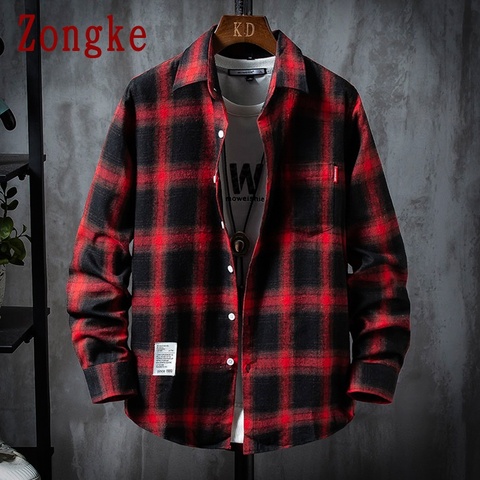 Zongke-camisas informales de manga larga para hombre, a la moda camisa a cuadros, Harajuku, a cuadros, camisa manga larga para hombre, M-3XL, 2022 ► Foto 1/6