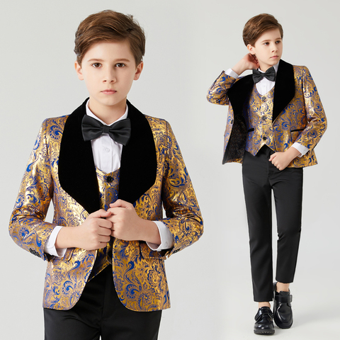 Traje para niño comunión vestido de boda para niños traje de los niños de oro azul traje de collar negro traje 3 uds chicos flores ► Foto 1/1