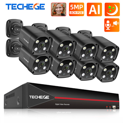 Kit de cámara de videovigilancia Techege 8CH 5MP POE AI Sistema de cámaras de seguridad CCTV Detección de rostro dos vías Audio al aire libre Kits P2P ► Foto 1/6