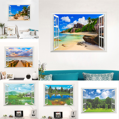 Pegatinas de pared de ventana vívida en 3d para el bosque, lago, playa, pegatinas para dormitorio, decoraciones para el salón, mural, póster caliente, decoración del hogar ► Foto 1/6