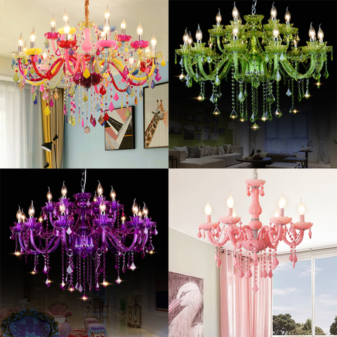 Candelabro de cristal para decoración del cuarto de los niños, lámpara decorativa para uso en interiores en colores rosa, verde, morado, azul y rojo para uso en sala de estar, habitación infantil o principal ► Foto 1/6