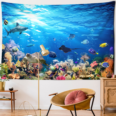 Tapiz de impresión Digital 3D psicodélico bajo el agua mundo hermoso pez tapiz colgante de pared Animal marino Coral decoración del hogar ► Foto 1/6