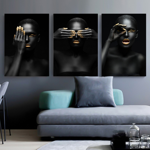 Pintura sobre lienzo de estilo nórdico para mujer, carteles e impresiones de pared escandinava para sala de estar, arte africano Nude, negro y dorado ► Foto 1/5