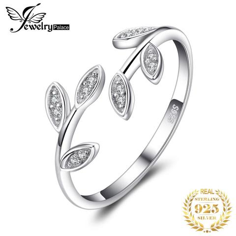 JewelryPalace, anillos de hoja de olivo CZ, 925 anillos de plata esterlina para mujer, anillo abierto apilable, anillo de plata 925, joyería fina ► Foto 1/6