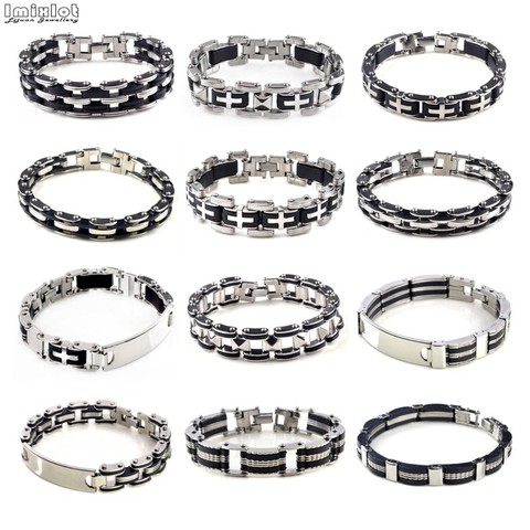 Pulseras de cadena de eslabones de acero inoxidable para hombre, pulsera de goma, color negro, 40 estilos ► Foto 1/6