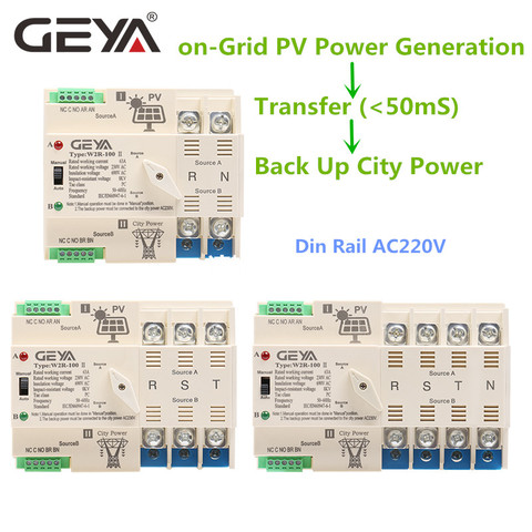 GEYA-sistema de energía Solar en red, Interruptor de Transferencia Automática Din Rail 2P 3P 4P 63A 100A AC220V ATS PV ► Foto 1/6