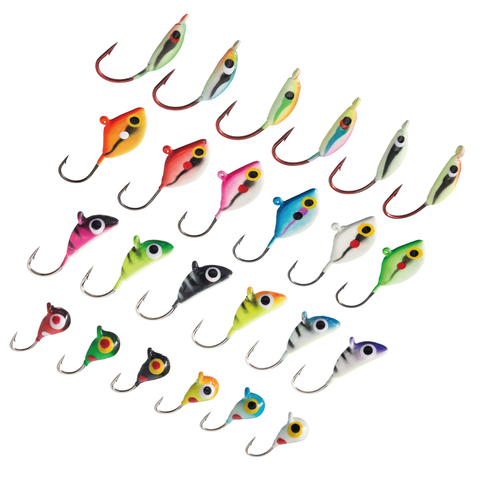 Bassdash señuelo para pesca en hielo Kit Jigs de pintura brillante para invierno hielo Jigging Crappie Sunfish Perch Walleye Pike, 24 Uds ► Foto 1/6