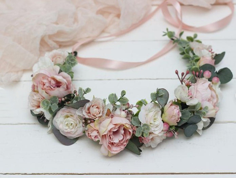 Corona de flores rosas para niña, tocado para el pelo para mujer, accesorios, tocado para niña, corona Floral, guirnalda Floral para boda ► Foto 1/6