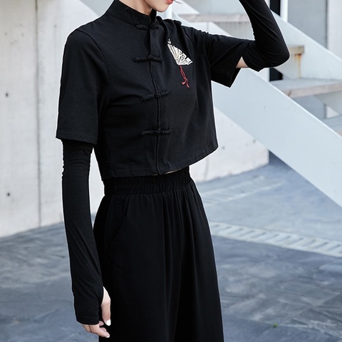 Estilo chino elemento ventilador superior impresión Harujuku camiseta negra Mujer Asiática de 2022 Streetwear botones Cheongsam Tops 11374 ► Foto 1/6