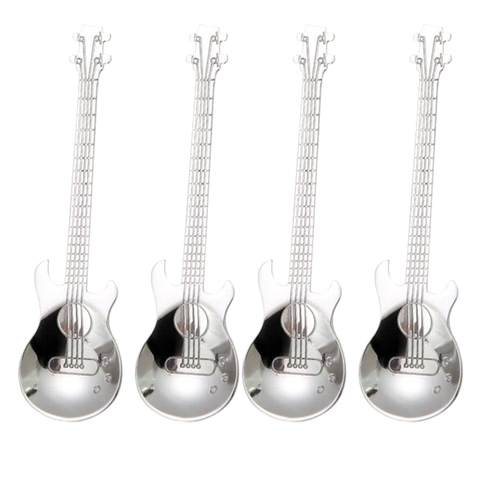 Cucharillas de café de guitarra, 4 Uds cucharas de café musicales de acero inoxidable cucharas de mezcla cucharas cuchara de azúcar (Plata) ► Foto 1/6