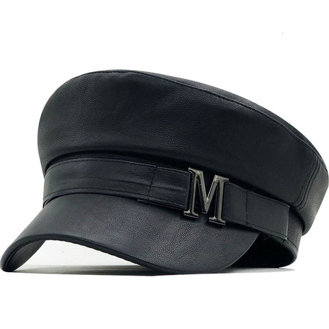 Boina mujer Otoño Invierno sombreros para las señoras de las mujeres 100% de cuero de la Pu de la Boina gorra Boina femenina Gorras hueso Vintage Inglaterra negro ► Foto 1/6