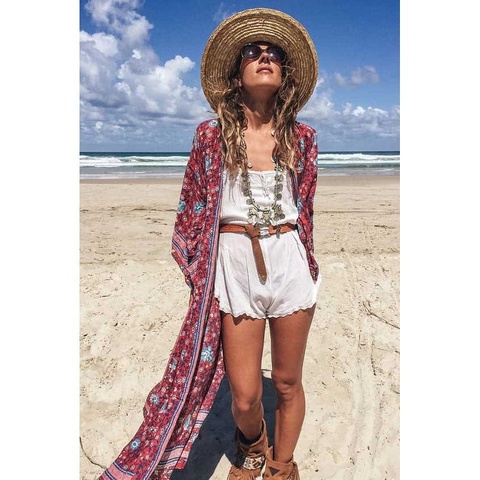 Super Chic vino manga Kimono traje vestido estampado Floral Chaqueta de punto Boho sexy lado ranuras gitana playa verano blusas de mujeres blusa ► Foto 1/6