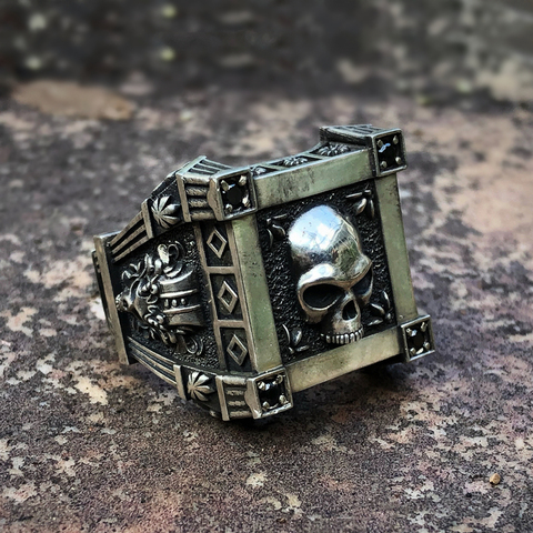 EYHIMD-anillo gótico con flor y cráneo para hombre y mujer, sortija de acero inoxidable con cristal de circonita negra, joyería para motero Punk ► Foto 1/3