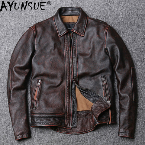 AYUNSUE-Chaqueta de piel de vaca auténtica para hombre, abrigo de piel de vaca auténtica Vintage, 100% para motocicleta, ropa ajustada, 2022 KJ4707 ► Foto 1/6