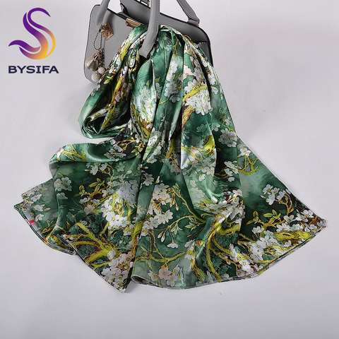 BYSIFA-pañuelo de seda largo de satén para mujer, chal de marca a la moda, de dibujo de primavera y otoño, de 160x70cm, color verde y azul ► Foto 1/6