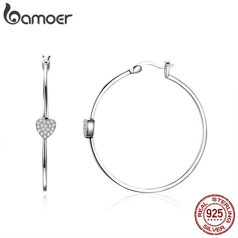 BAMOER auténtica Plata de Ley 925 gran círculo amor en forma de corazón CZ claro pendientes para las mujeres boda joyería de plata SCE518 ► Foto 1/6