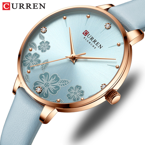 CURREN-relojes de cuarzo de cuero para mujer, pulsera de diseño de lujo, con encanto y esfera de flores ► Foto 1/6