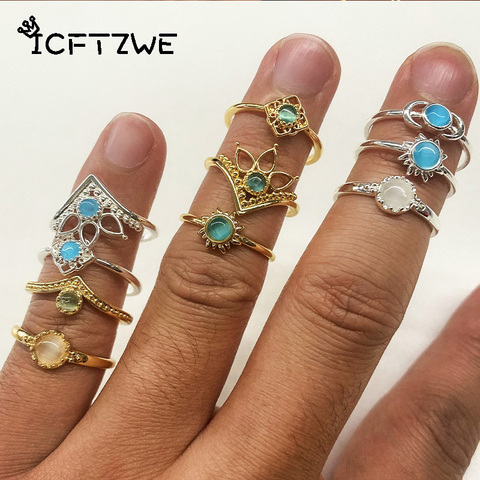 ICFTZWE-Anillos de dedo de ópalo para mujer, sortija de acero inoxidable con piedra de cristal dorada para parejas, estéticos Anillos hechos a mano, regalo de joyería ► Foto 1/6