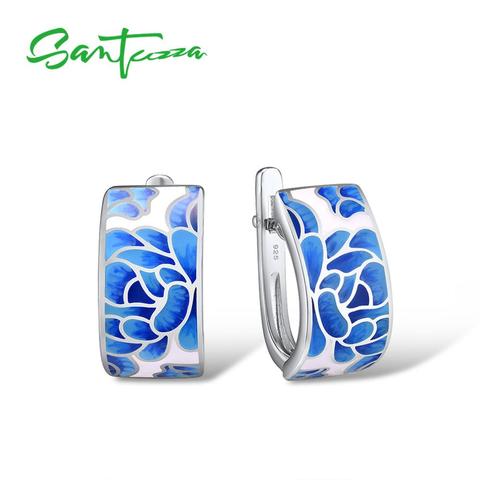 SANTUZZA pendientes de plata para mujer genuino 925 plata esterlina azul de la flor pendientes de esmalte de moda regalo de joyería fina hecha a mano ► Foto 1/6