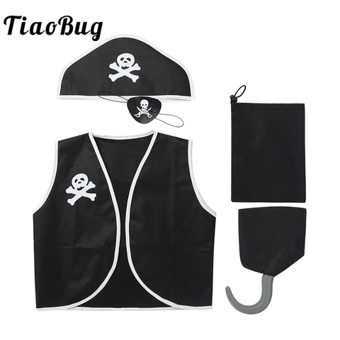 TiaoBug niños traje de niños Cosplay de Anime para Halloween vestido de chaleco negro con sombrero de visera gancho de pirata y bolsa ► Foto 1/6
