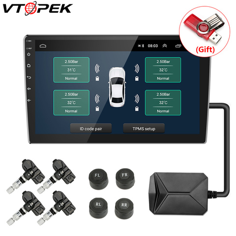 Vtopek USB TPMS con alarma de presión de neumático de coche sistema de Monitor de coche Android reproductor de navegador con 4 sensores 5V de transmisión inalámbrica ► Foto 1/6