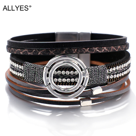 ALLYES-Pulseras de cuero bohemias para mujer, amuleto grande, envoltura bohemia de cristal, pulsera ancha multicapa, joyería para mujer ► Foto 1/6