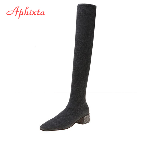 Aphixta-Botas por encima de la rodilla para mujer, zapatos de tela elástica con punta cuadrada, tacón de cristales de 4cm, informales, color gris, Botas Largas ► Foto 1/6