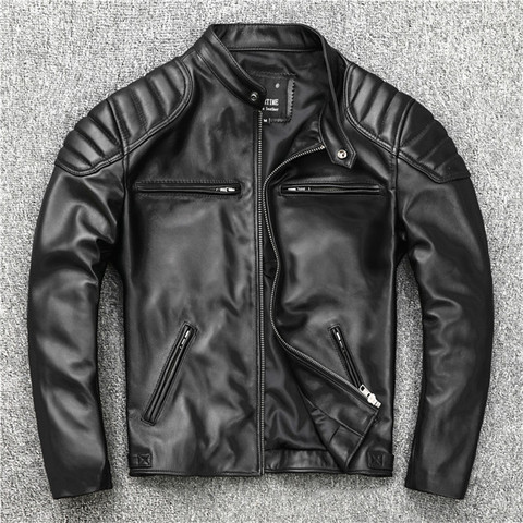 YR! Envío gratis. Ropa de piel de oveja suave. motor negro con estilo de chaqueta de cuero, abrigo de cuero genuino delgado de moda, chaqueta de talla grande para hombre. ► Foto 1/2