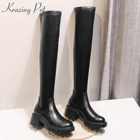 Krazing pot-Botas elásticas de cuero de vaca para mujer, zapatos de tacón alto con punta redonda, estilo simple, para invierno, mantienen el calor, lisas, L10 ► Foto 1/6