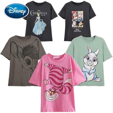 Camiseta de manga corta con dibujo de Mickey Mouse para mujer, top de moda de Disney, pato Donald Daisy, Bambi, Thumper, conejo, Cenicienta ► Foto 1/6