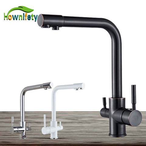 Grifo de fregadero para cocina, cubierta de llave de doble manija con rotación de agua purificada, contiene mezclador de frío y caliente, color gris, ORB, blanco y negro ► Foto 1/6