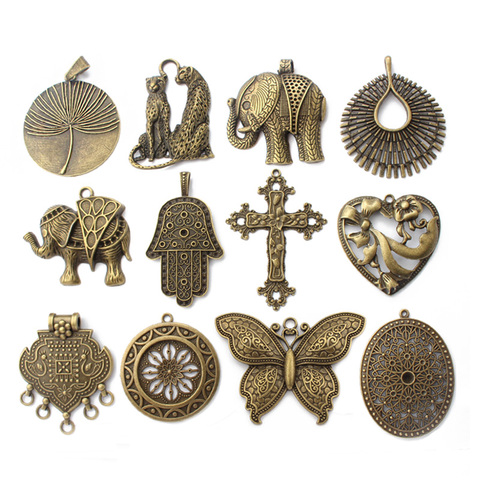Colgante de bronce antiguo con forma de mariposa, flor, elefante, leopardo, Cruz y corazón, 2 uds. ► Foto 1/6