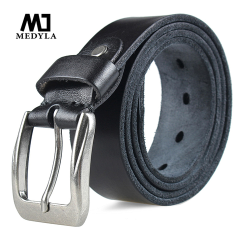 MEDYLA-Cinturón de piel auténtica Natural para hombre, con hebilla resistente, cinturón Vintage, adecuado para pantalones vaqueros informales ► Foto 1/6