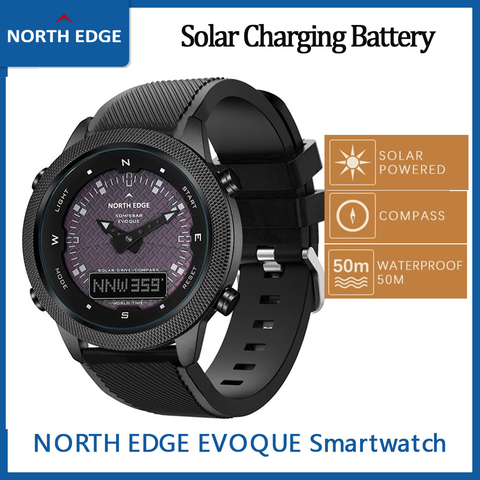 NORTH EDGE-reloj inteligente con energía Solar para hombre, pulsera Digital con brújula para deportes al aire libre, resistente al agua hasta 50m, alarma, cronómetro, cuenta atrás ► Foto 1/6