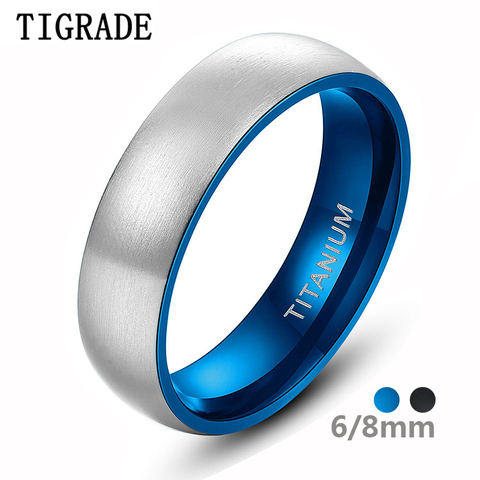 Tigrade-Anillo de titanio puro para hombre y mujer, de 6/8mm, Color plata cepillada, azul, mate, clásico, sencillo, Vintage, banda de compromiso ► Foto 1/6