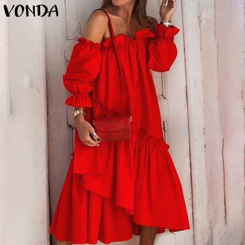 Sexy hombro plisado de encaje vestido de verano de las mujeres de manga larga vestido de dobladillo Irregular VONDA 2022 bohemio túnica Midi longitud Vestidos ► Foto 1/6