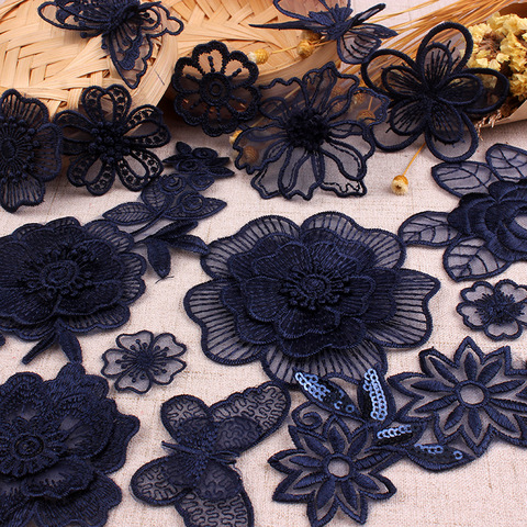 Parches bordados de encaje azul oscuro para coser en la ropa, Organza, flor, mariposa, apliques para ropa, vaqueros, vestido, rayas, bricolaje ► Foto 1/6