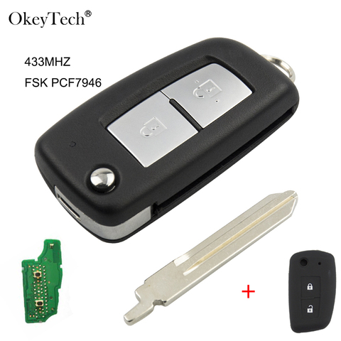 Okeytech-llave de coche remota de 2 botones, 433Mhz, para Nissan Qashqai Sunny NV200 con hoja sin cortar FSK PCF7946 Chip, llave plegable de tapa automática ► Foto 1/6