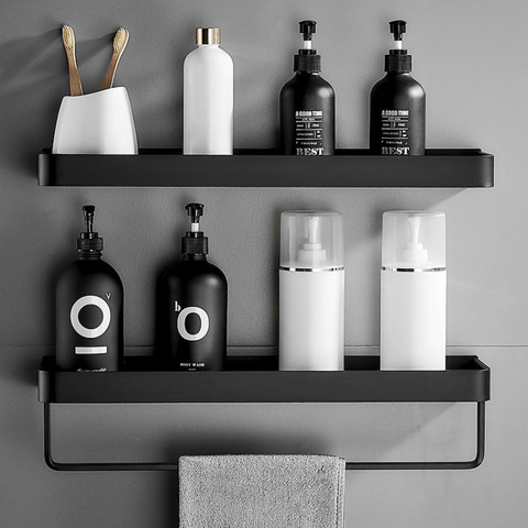 Estante de pared para baño, estante de aluminio negro, estante de esquina para baño, montado en pared, soporte de almacenamiento de cocina de aluminio negro ► Foto 1/6