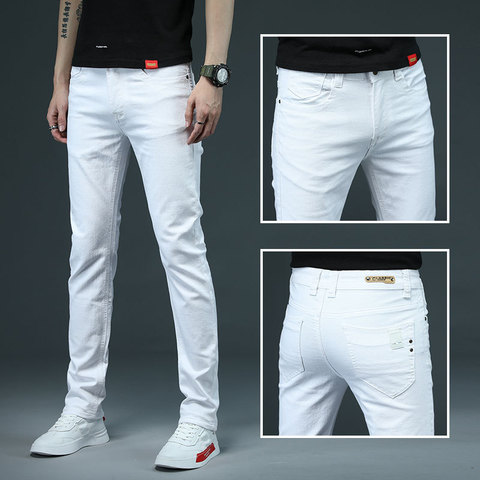 Pantalones vaqueros ajustados elásticos para hombre, Jeans ajustados informales a la moda, de marca, color verde, negro, caqui y blanco ► Foto 1/6