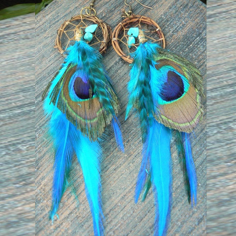 Pendientes atrapasueños de pavo real, pendientes de plumas turquesas en tribal, fusion tribal, bohemio, bailarina del vientre ► Foto 1/2