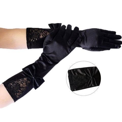 Guantes de satén de encaje con lazo para mujer, ropa Sexy para discoteca, para baile y actuaciones, accesorios, blanco y negro ► Foto 1/6