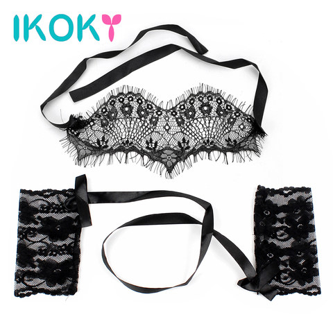 IKOKY-Juego de juguetes sexuales para parejas, mascarilla de encaje Sexy con esposas, venda para los ojos, juegos de Bondage negro para adultos, producto exótico, 1 Juego ► Foto 1/6