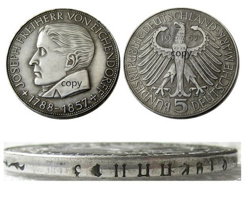 Moneda de copia chapada en plata, 5 marcas, Alemania, 1957 J ► Foto 1/4